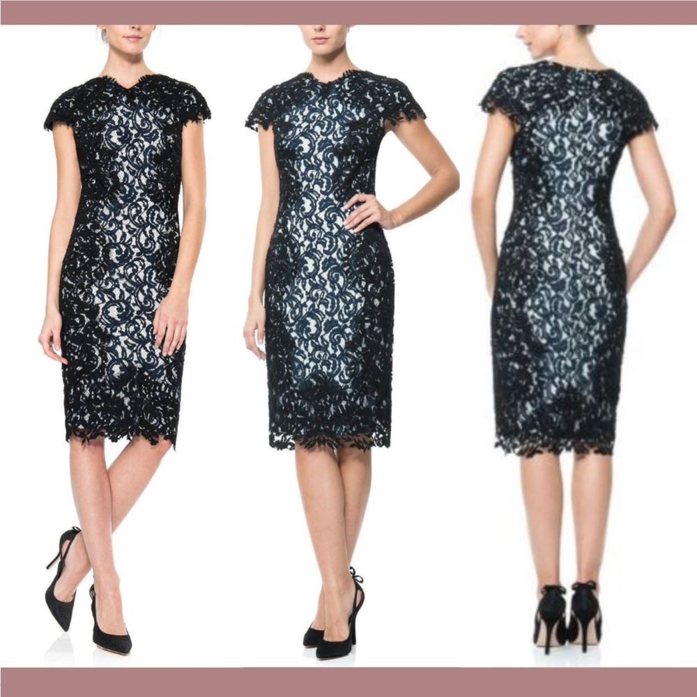 Tadashi Shoji [ 16 ] Collette Double Lace Overlay Sheath Dress Navy‎ Black